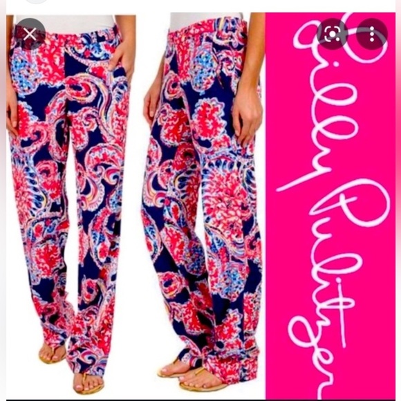 Lilly Pulitzer XL cotton Blue and Red Boot Cut Flare Pants EUC pockets cute!!! - Picture 1 of 12